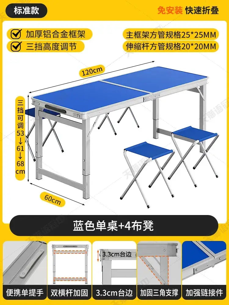 Foldable camping table set with stools featuring a blue folding table with silver aluminum frame and matching blue stools