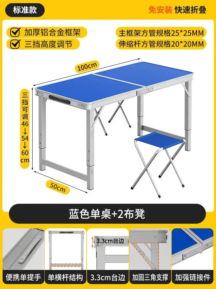 Foldable camping table set with blue folding table and stool featuring silver aluminum frame for outdoor use