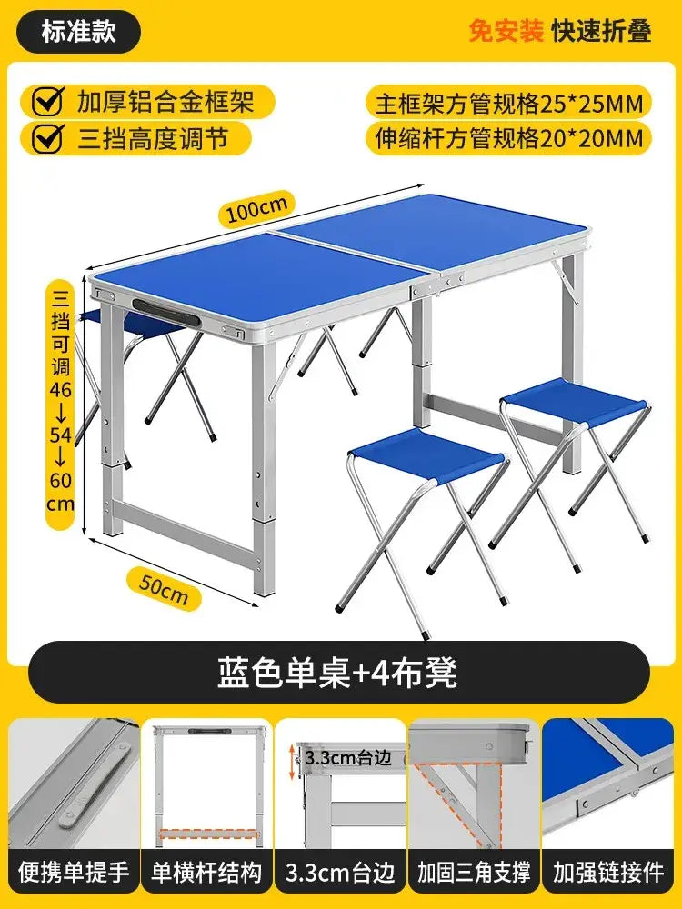 Foldable camping table set with blue folding table and stools featuring silver aluminum frame for outdoor use