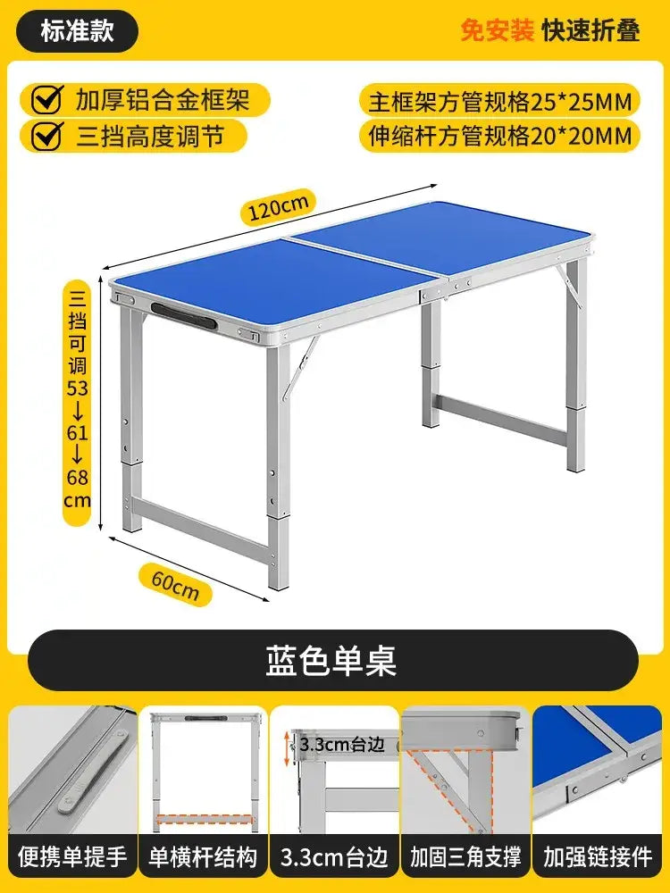 Blue foldable camping table set with stools featuring a thick aluminum frame and adjustable height settings