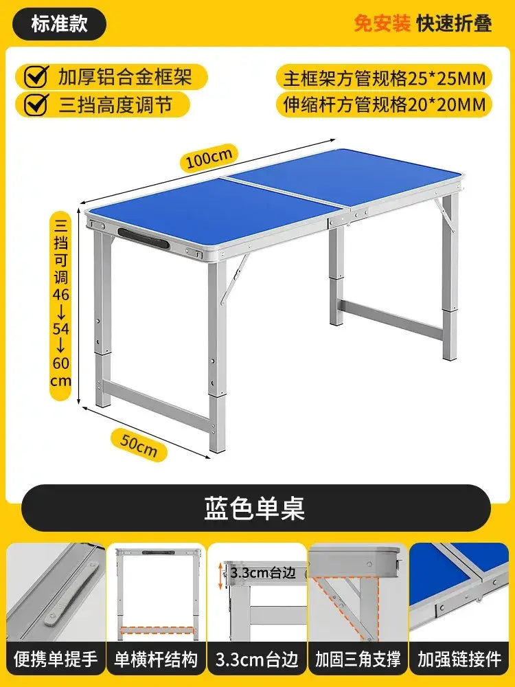Blue foldable camping table with a sturdy aluminum frame and adjustable height settings in a single table design