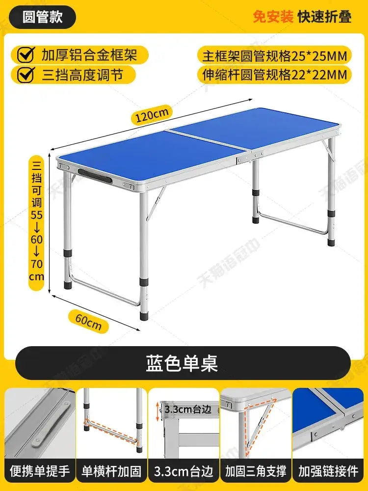 Blue foldable camping table with a thick aluminum frame and adjustable height settings for outdoor use