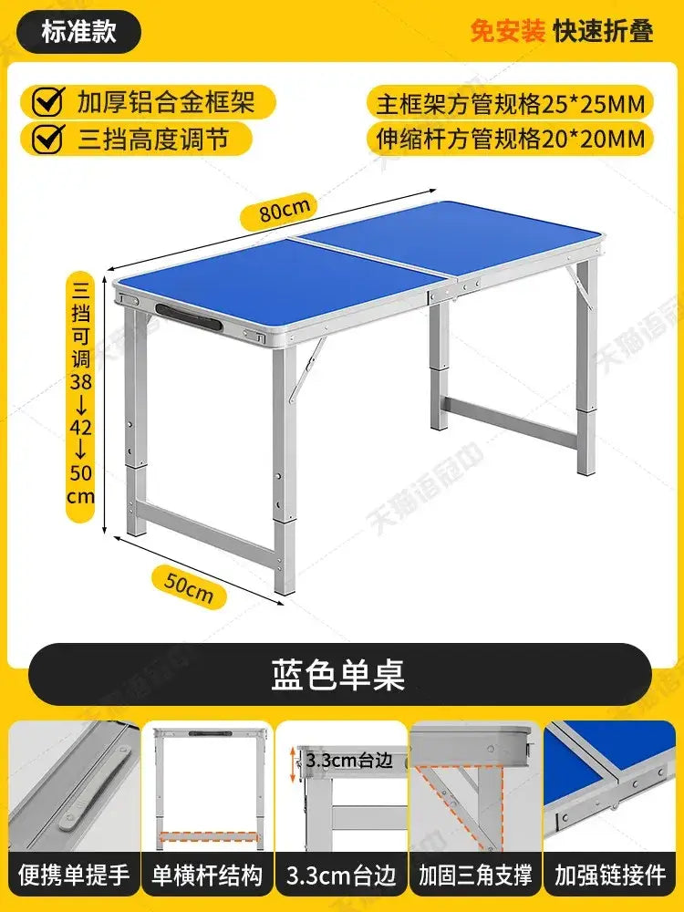 Blue foldable camping table set with stools featuring a thick aluminum frame and adjustable height