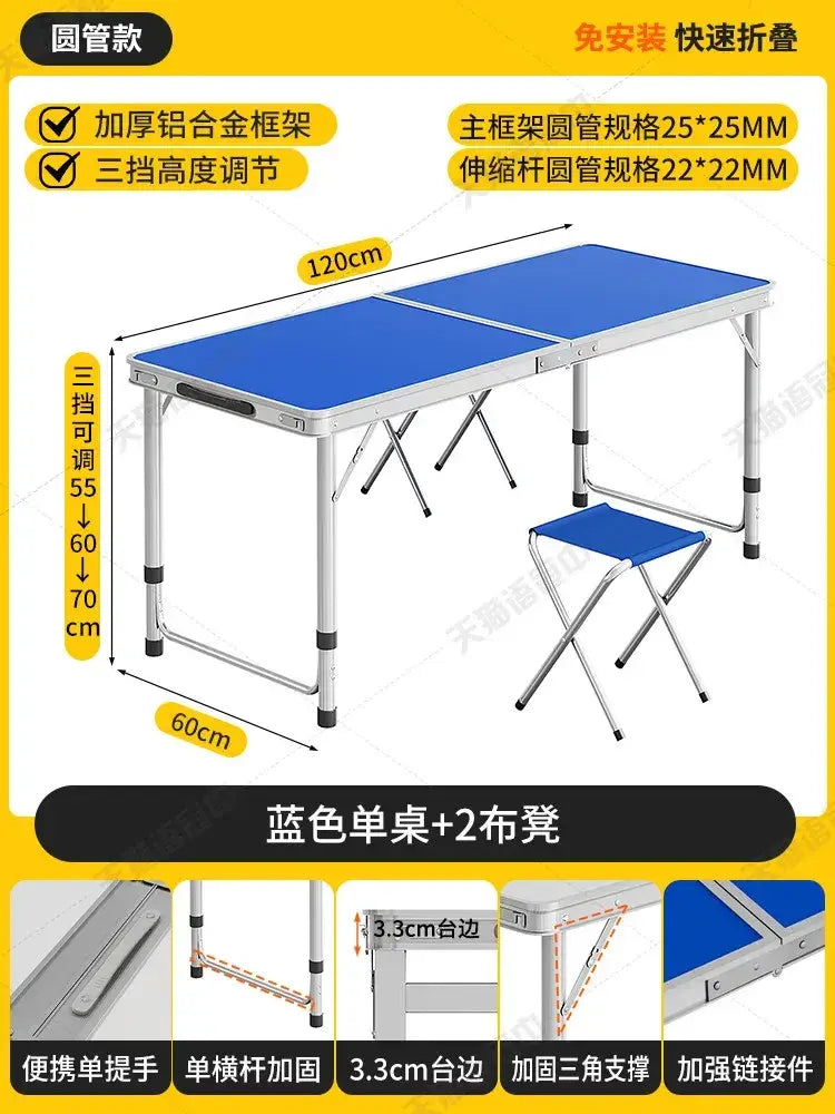 Blue foldable camping table set with sturdy aluminum frame and matching blue fabric top for outdoor use