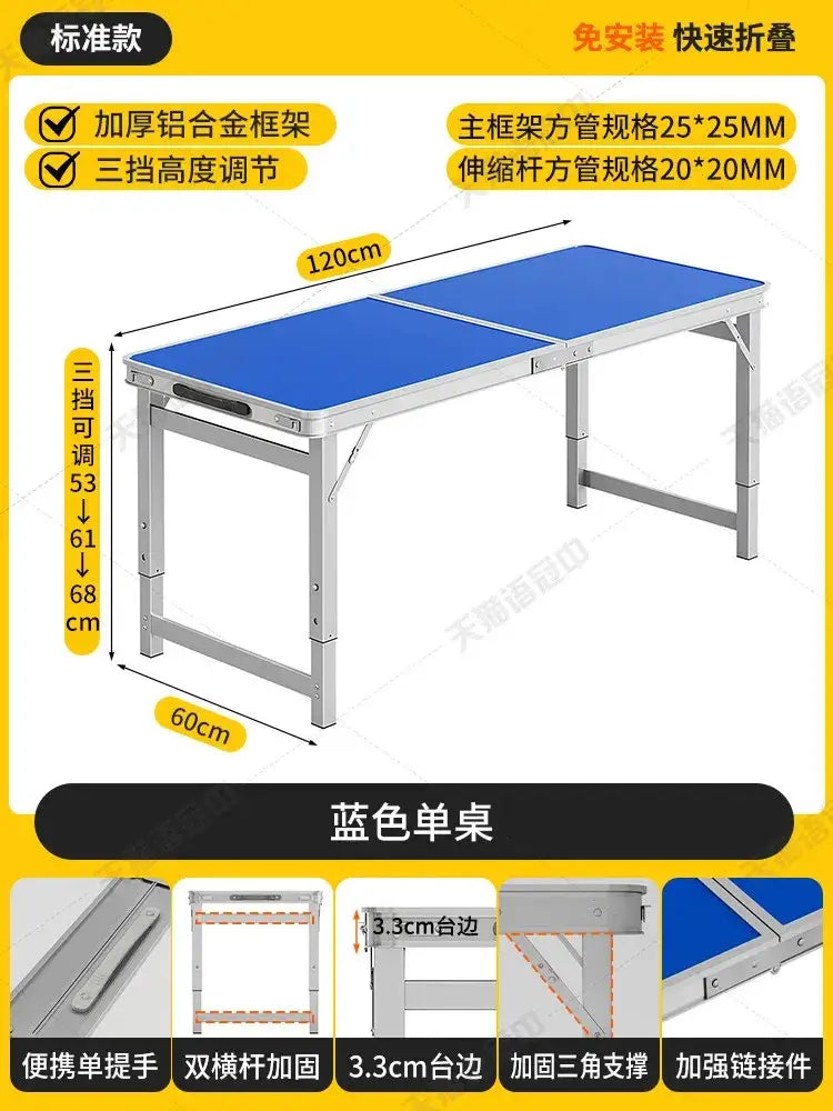Blue foldable camping table with aluminum frame and adjustable height settings for outdoor use