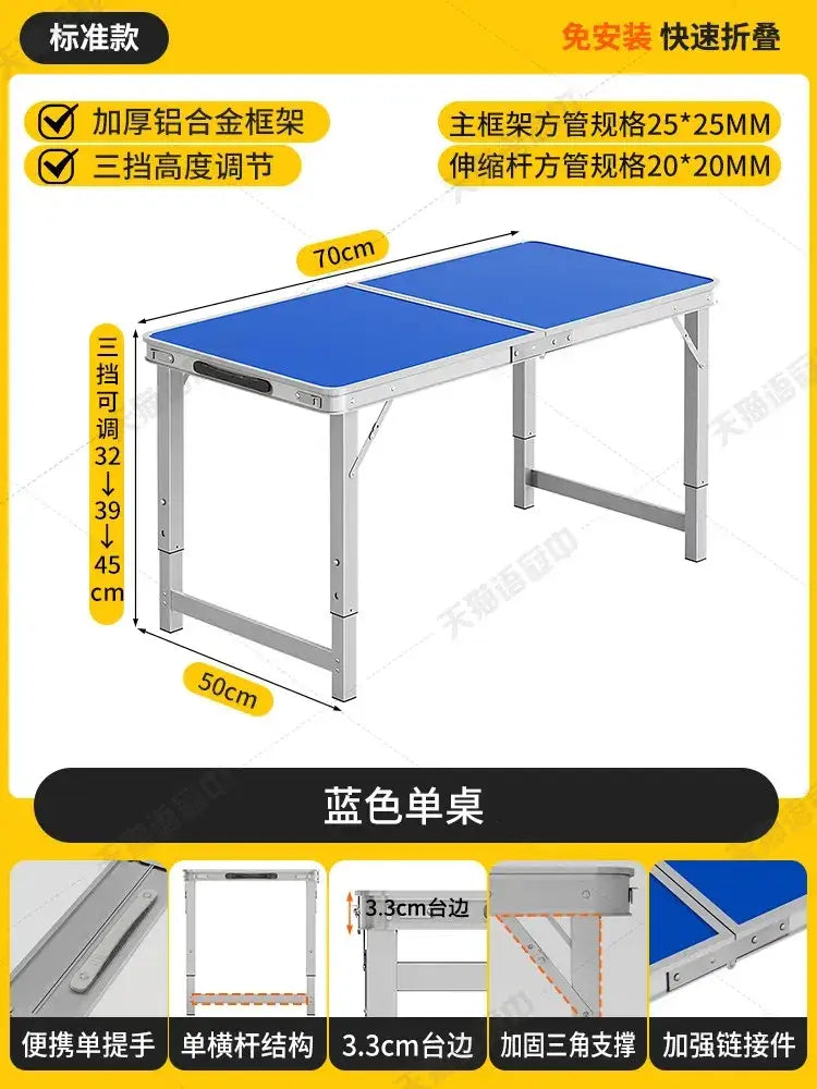 Foldable camping table set with stools featuring a blue folding table with sturdy aluminum frame and adjustable height settings
