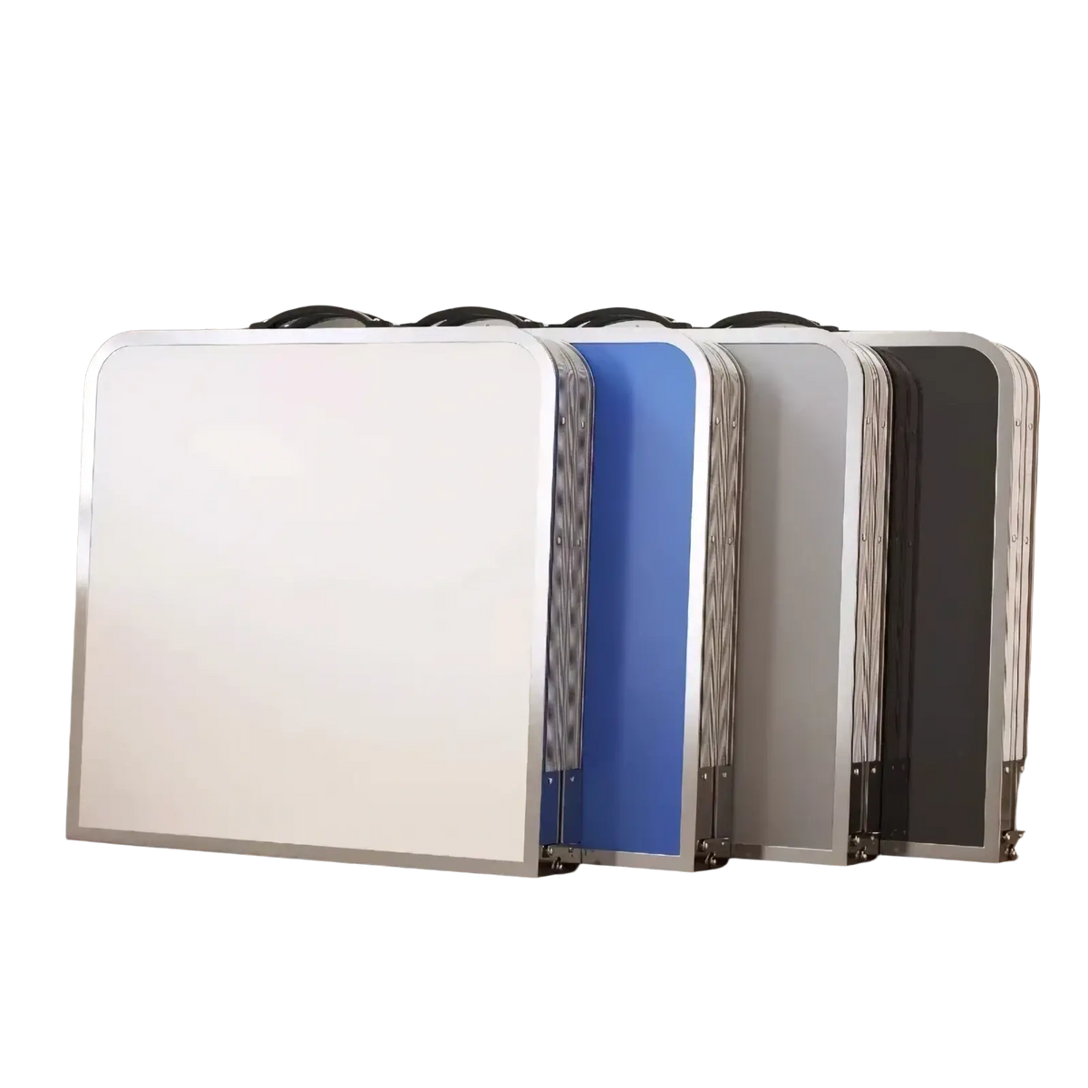 Foldable camping table set with stools featuring four foldable tables in white blue gray and black with silver metal frames