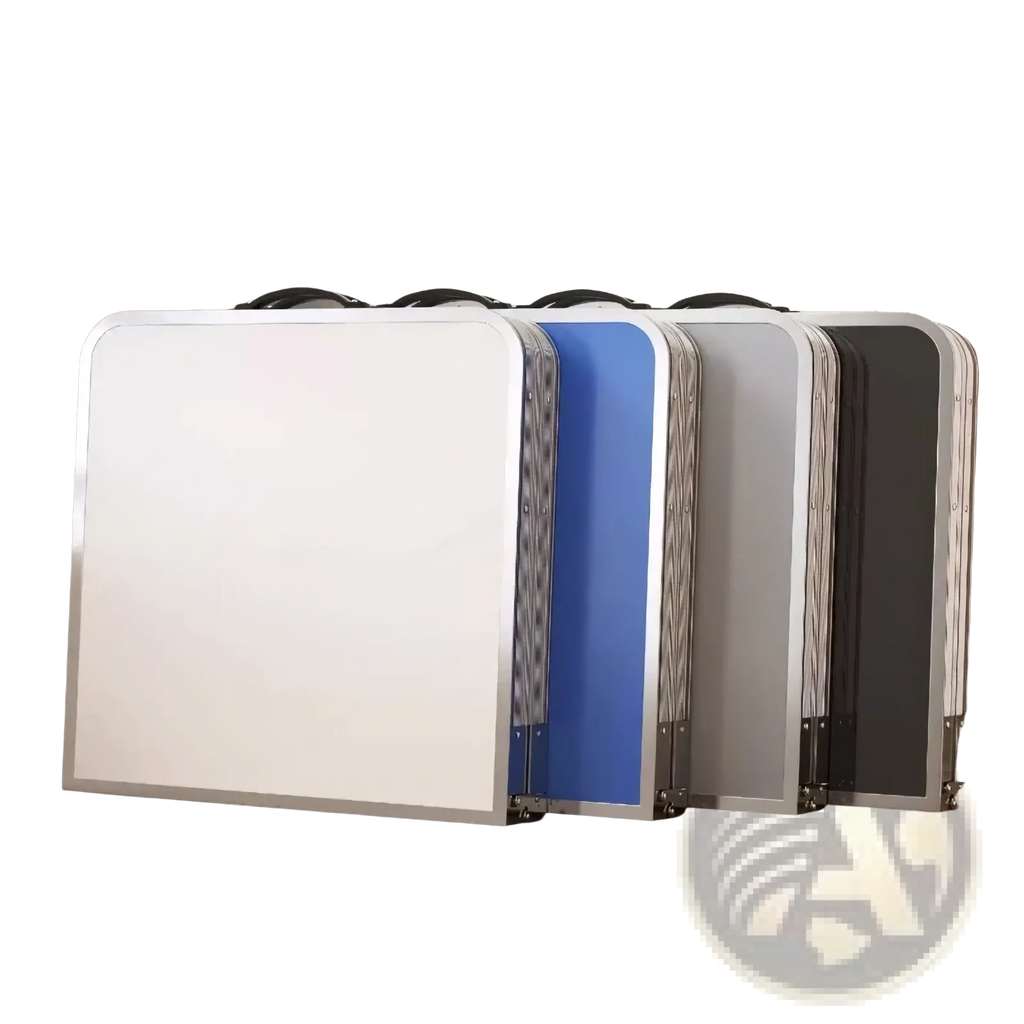 Foldable camping table set with stools featuring four foldable tables in white blue gray and black with silver metal frames