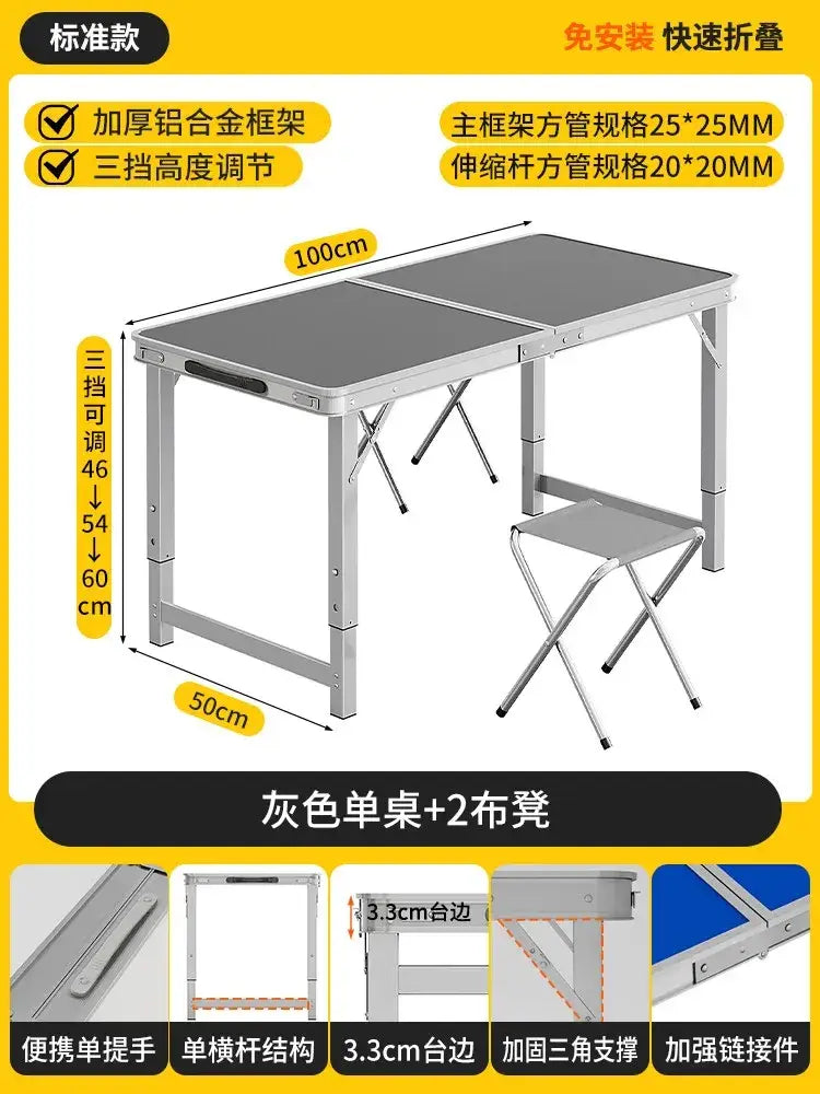 Gray aluminum foldable camping table set with stools featuring a 100cm by 50cm surface and three height adjustments