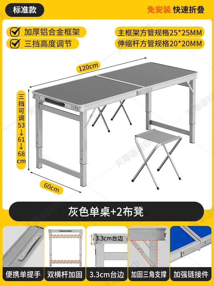 Gray aluminum foldable camping table set with two matching stools designed for portable outdoor use
