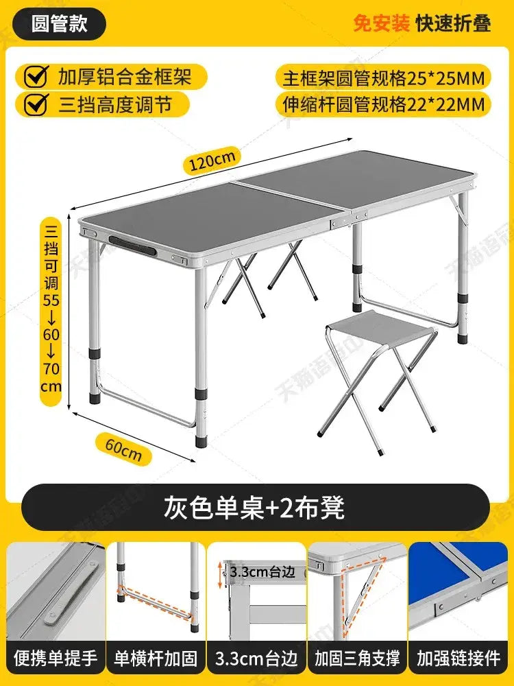 Foldable camping table set with gray aluminum folding table featuring 3-height adjustable legs and matching gray foldable stools