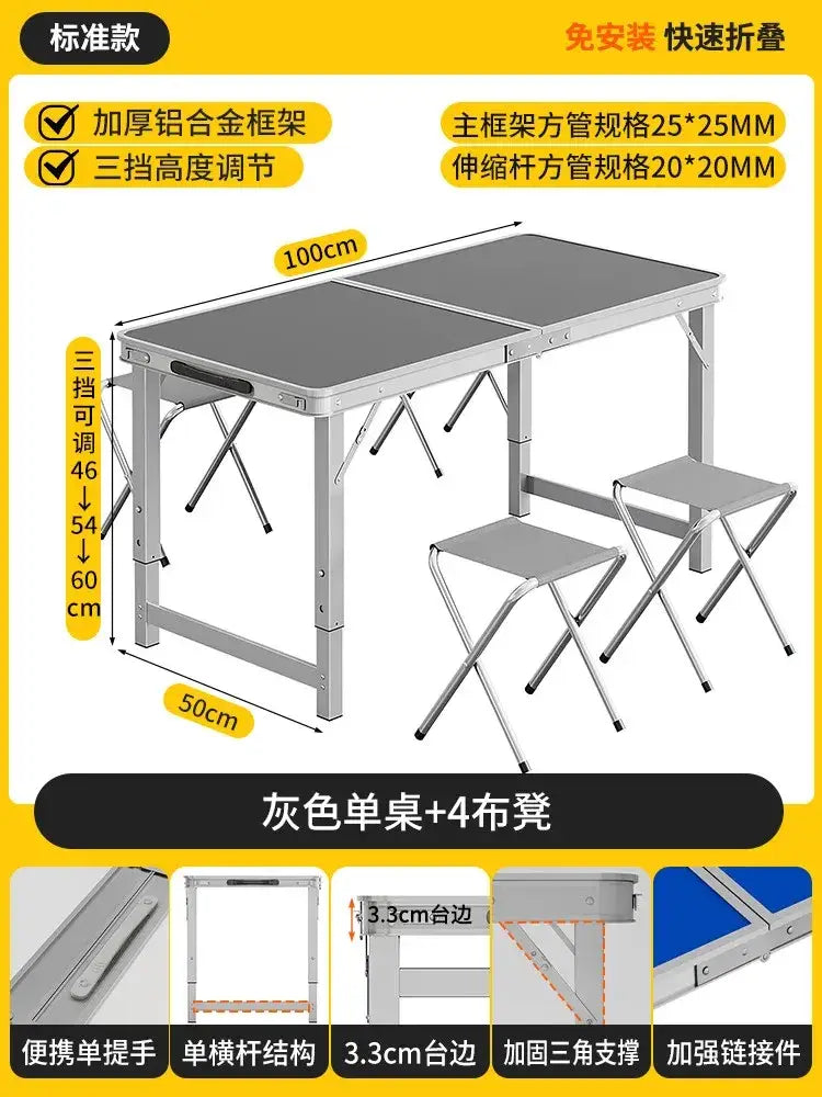 Foldable camping table set with stools in gray aluminum featuring a sturdy frame and adjustable height settings