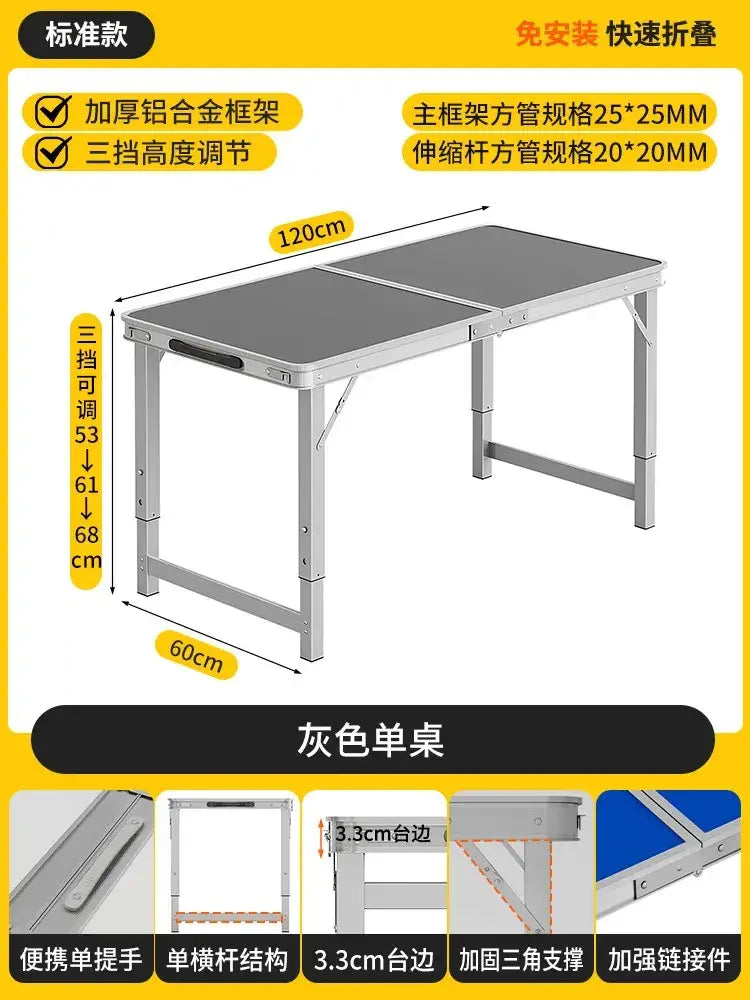 Gray foldable camping table set with stools featuring a single table with thick aluminum frame and adjustable height settings