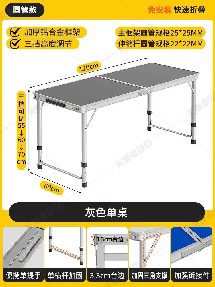 Gray foldable camping table set with stools featuring a thick aluminum alloy frame and three height adjustment settings