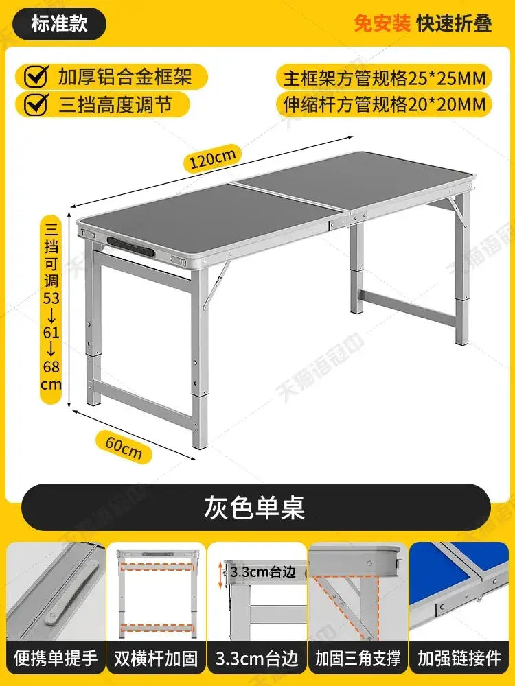 Foldable camping table set with stools featuring a gray folding table with sturdy aluminum frame and adjustable height settings