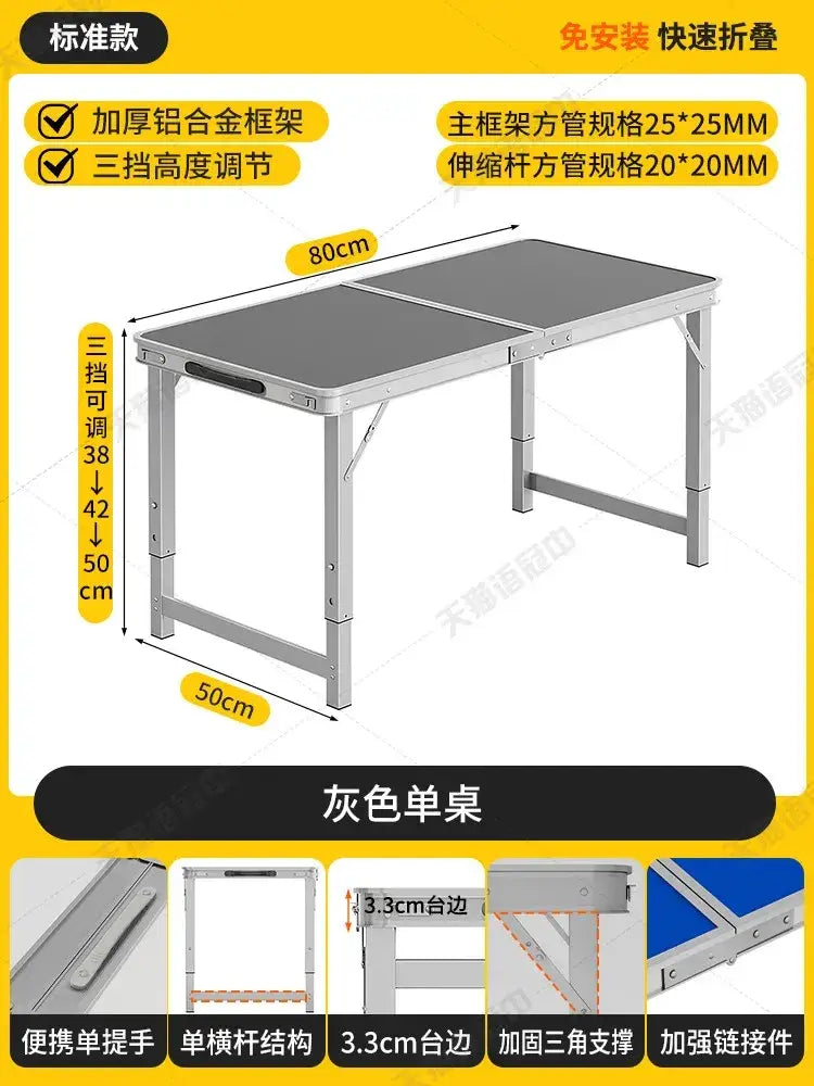 Foldable camping table set with stools featuring a gray folding table with sturdy aluminum frame and adjustable height settings
