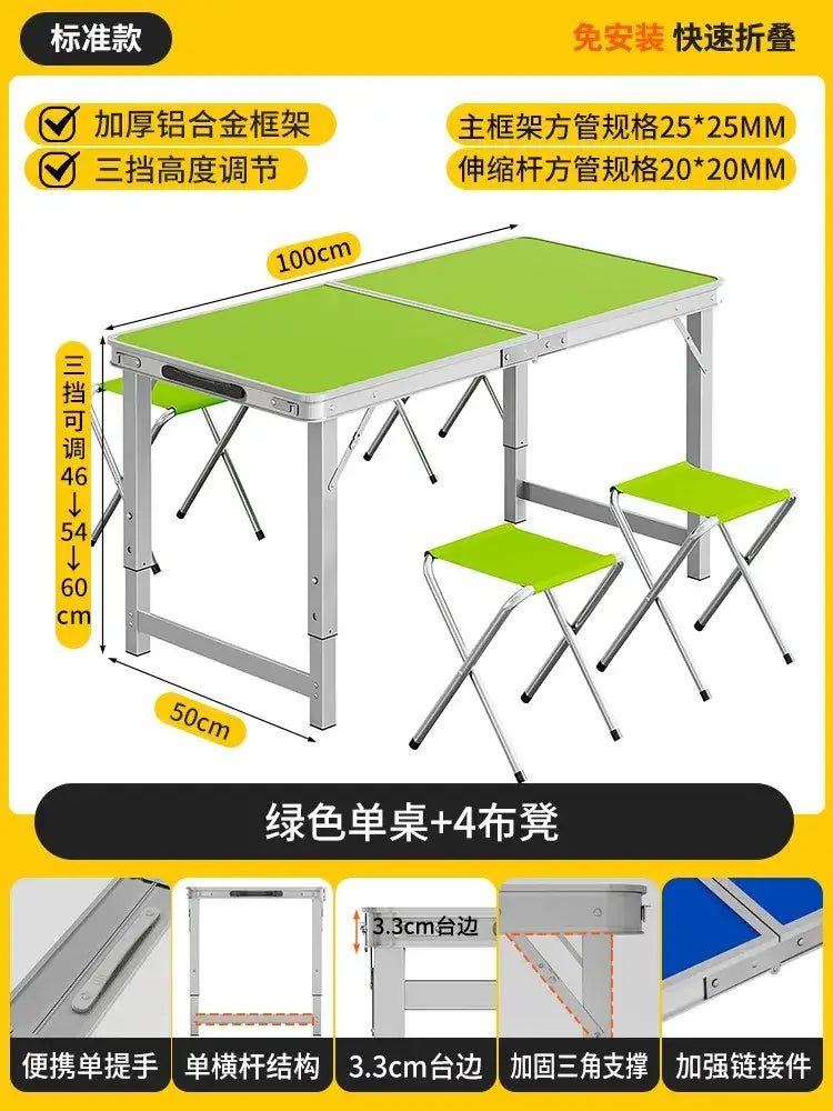 Foldable camping table set with stools featuring a green foldable table and lime green stools with silver aluminum frame