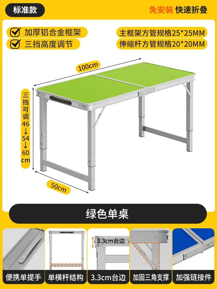 Green foldable aluminum camping table with 100cm length and adjustable height settings in a foldable camping table set with stools