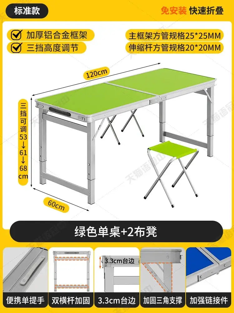 Foldable camping table set with green folding table and stools featuring silver aluminum frame for outdoor use