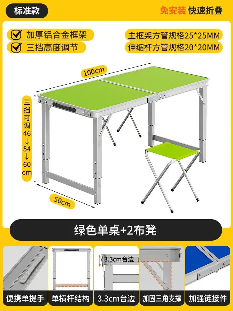 Green foldable camping table with silver aluminum frame and three height adjustment settings for outdoor use