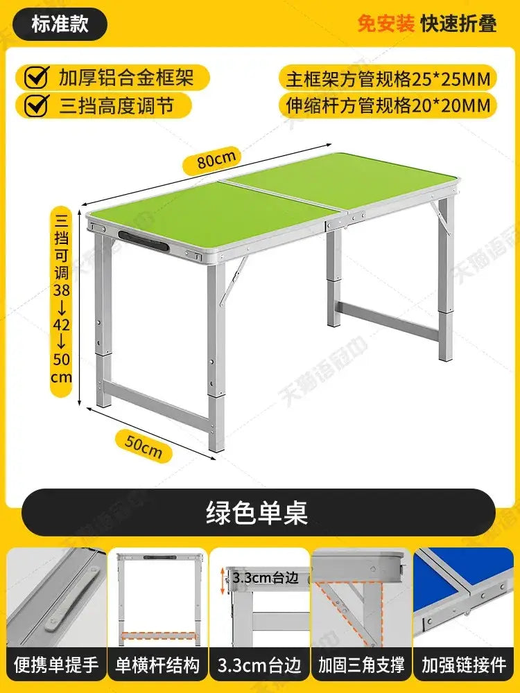 Green foldable camping table set with stools featuring a thick aluminum frame and adjustable height table