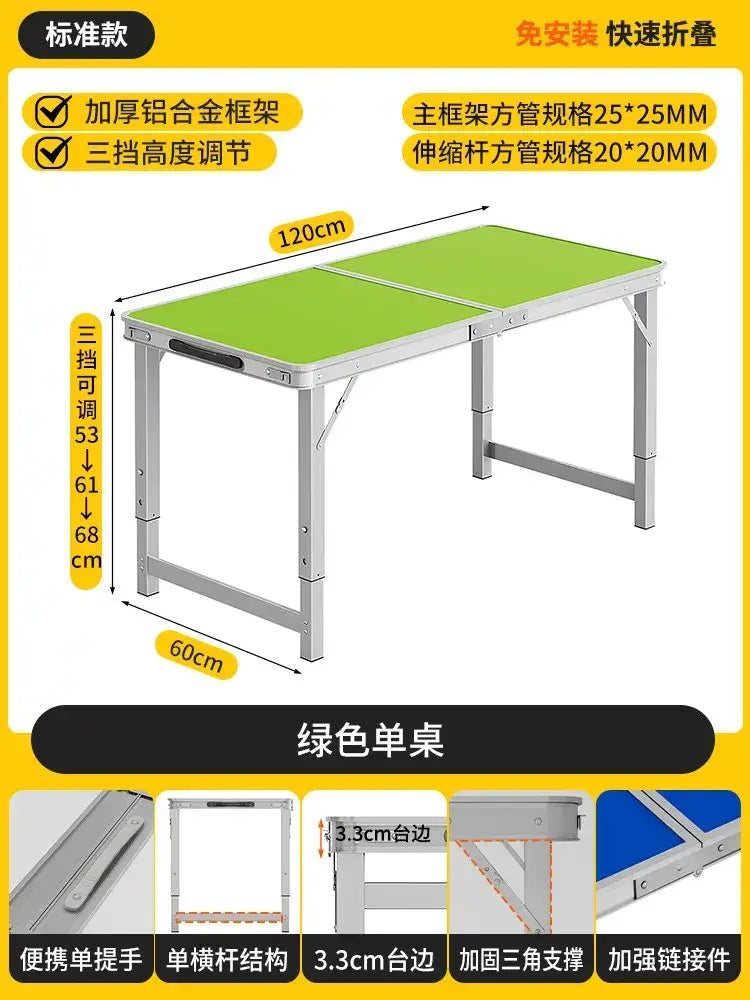 Foldable camping table set with stools featuring a green foldable table with sturdy aluminum frame and adjustable height settings