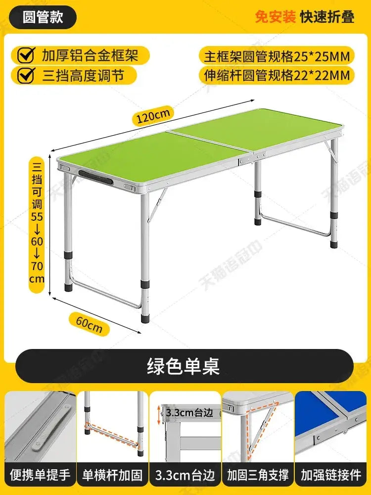 Green foldable camping table set with stools featuring a sturdy aluminum frame and adjustable height settings