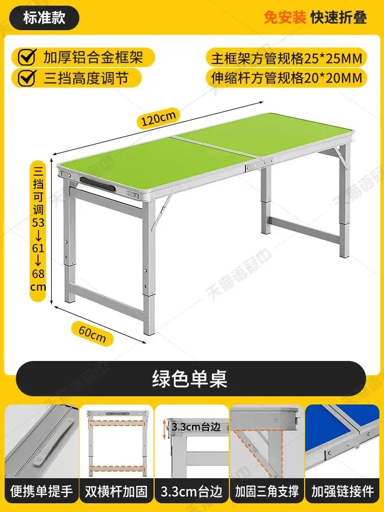 Green foldable camping table set with stools featuring sturdy aluminum frame and adjustable height settings