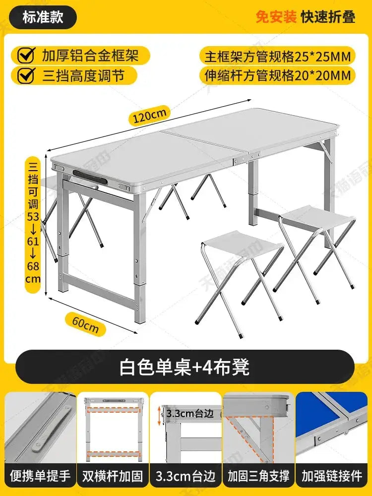 Silver aluminum foldable camping table set with white tabletop and four matching stools for outdoor use