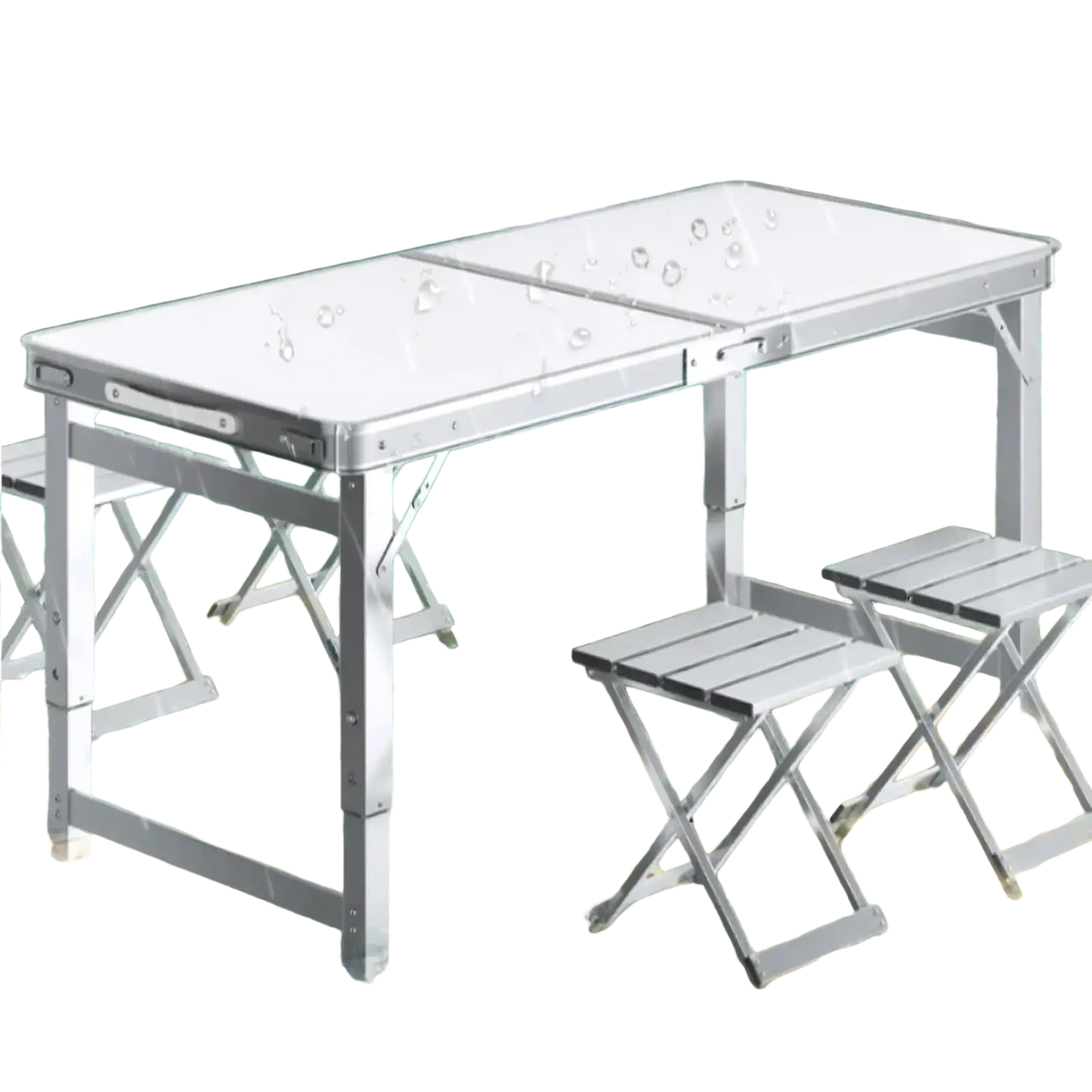Silver aluminum foldable camping table set with matching stools designed for outdoor use