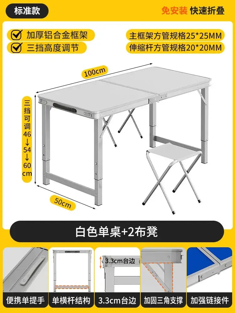 Foldable camping table set with silver aluminum frame white tabletop and two matching foldable stools for outdoor use
