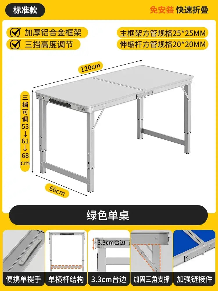 Silver aluminum alloy foldable camping table with three height adjustments and 120cm length with stools