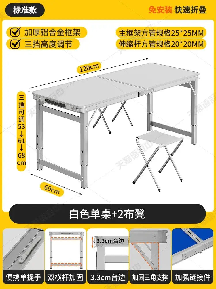 Foldable camping table set with silver aluminum alloy frame white tabletop and two matching stools