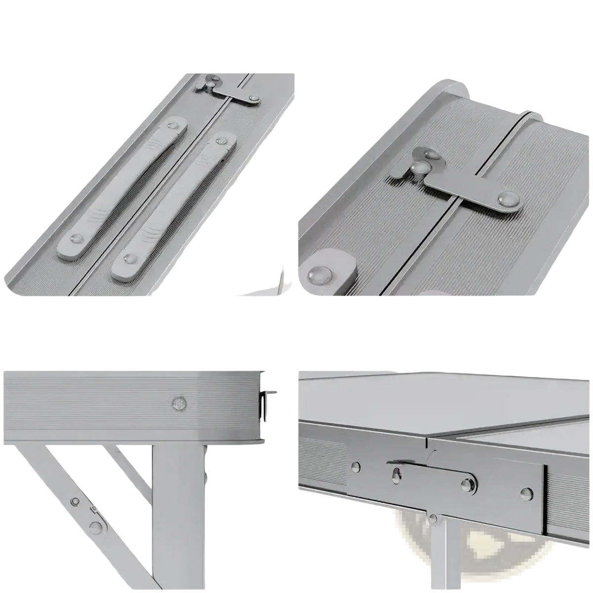 Foldable camping table set with stools featuring a silver aluminum folding table with handle and metal lock storage