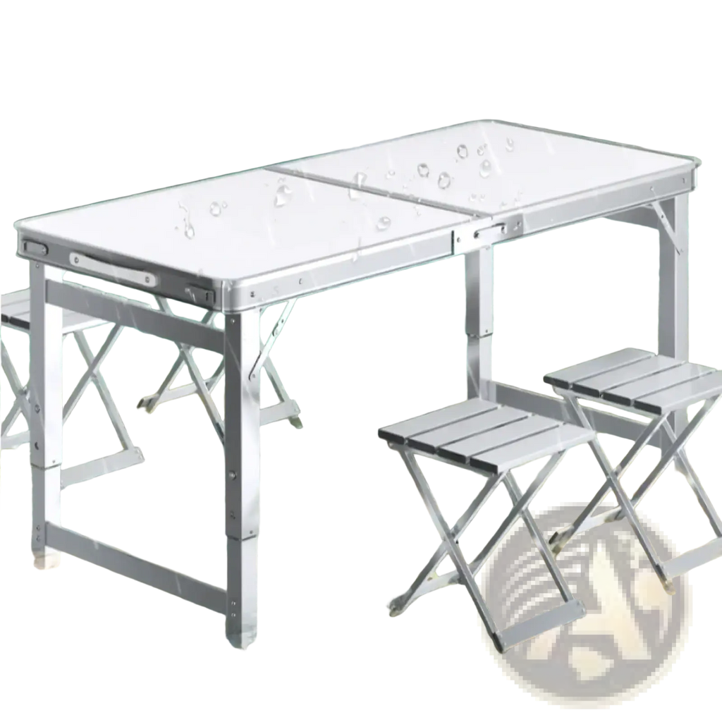 Silver aluminum foldable camping table set with matching stools designed for outdoor use