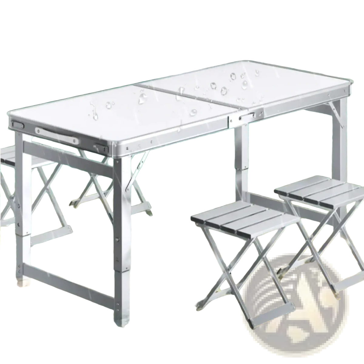 Silver aluminum foldable camping table set with matching stools designed for outdoor use