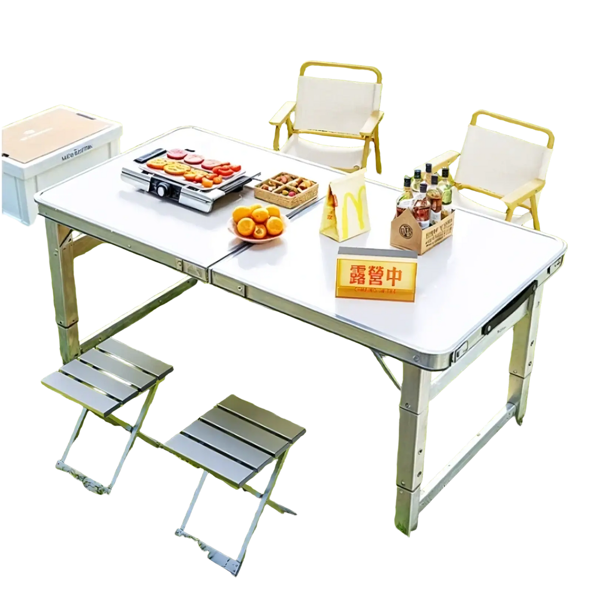 Silver aluminum foldable camping table set with white tabletop and matching foldable stools for outdoor use