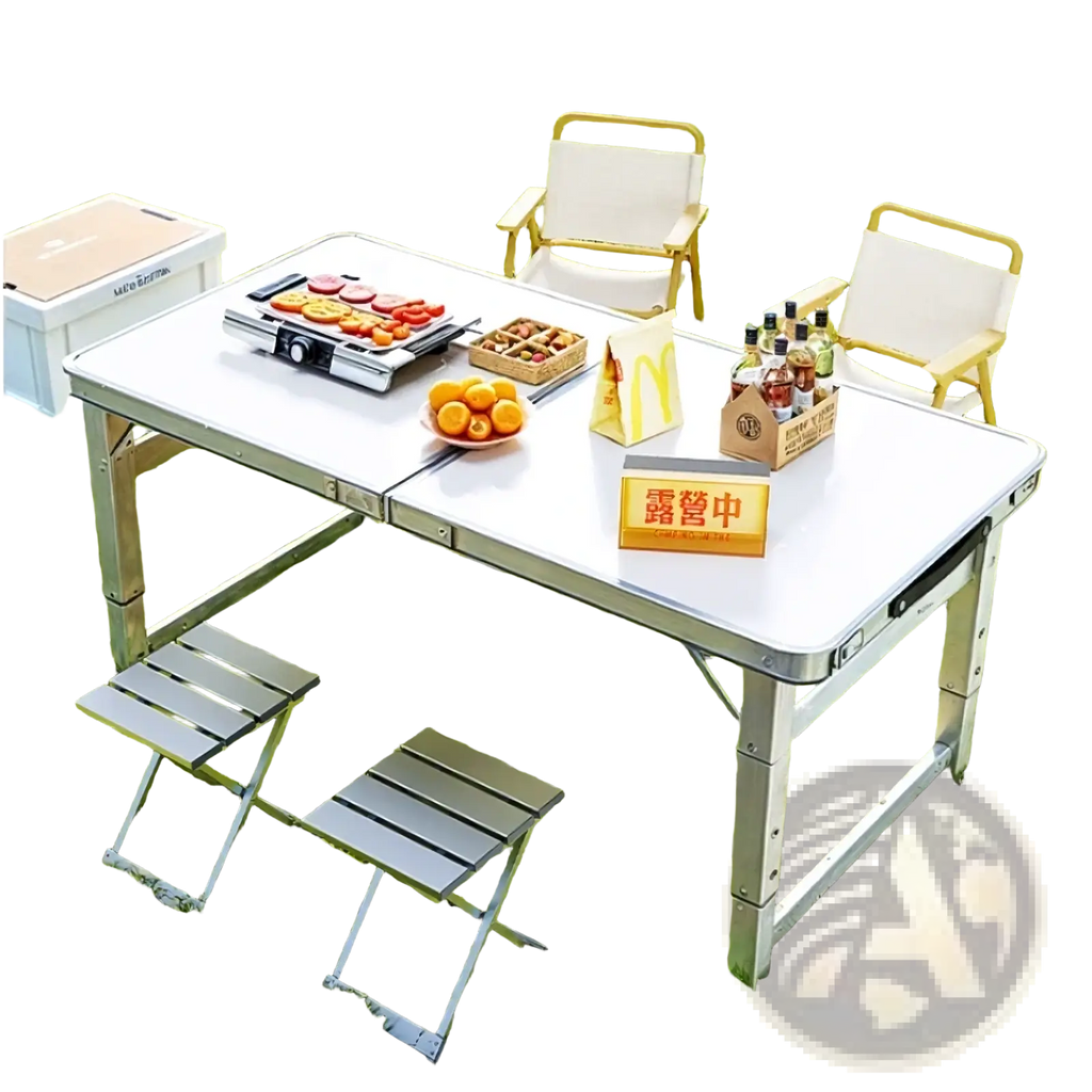 Silver aluminum foldable camping table set with white tabletop and matching foldable stools for outdoor use