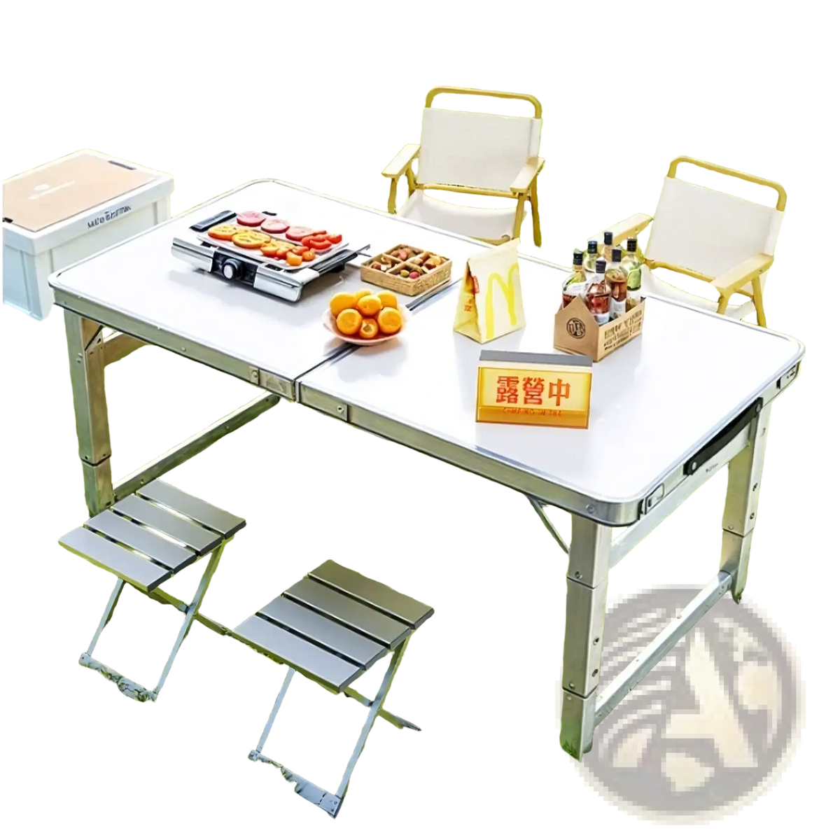 Silver aluminum foldable camping table set with white tabletop and matching foldable stools for outdoor use
