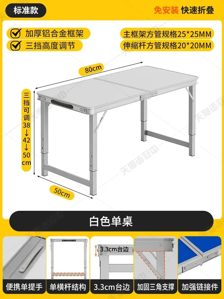 A sleek white foldable camping table set with stools featuring a sturdy aluminum frame and adjustable height settings