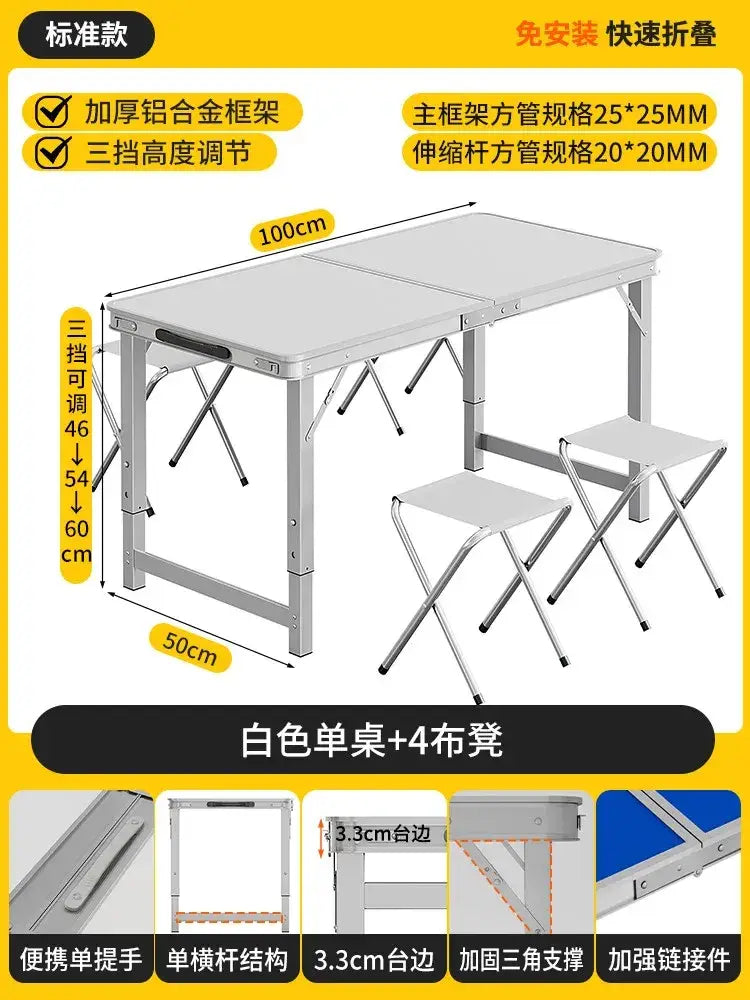 Foldable camping table set with stools featuring a white foldable table with aluminum frame and adjustable height settings