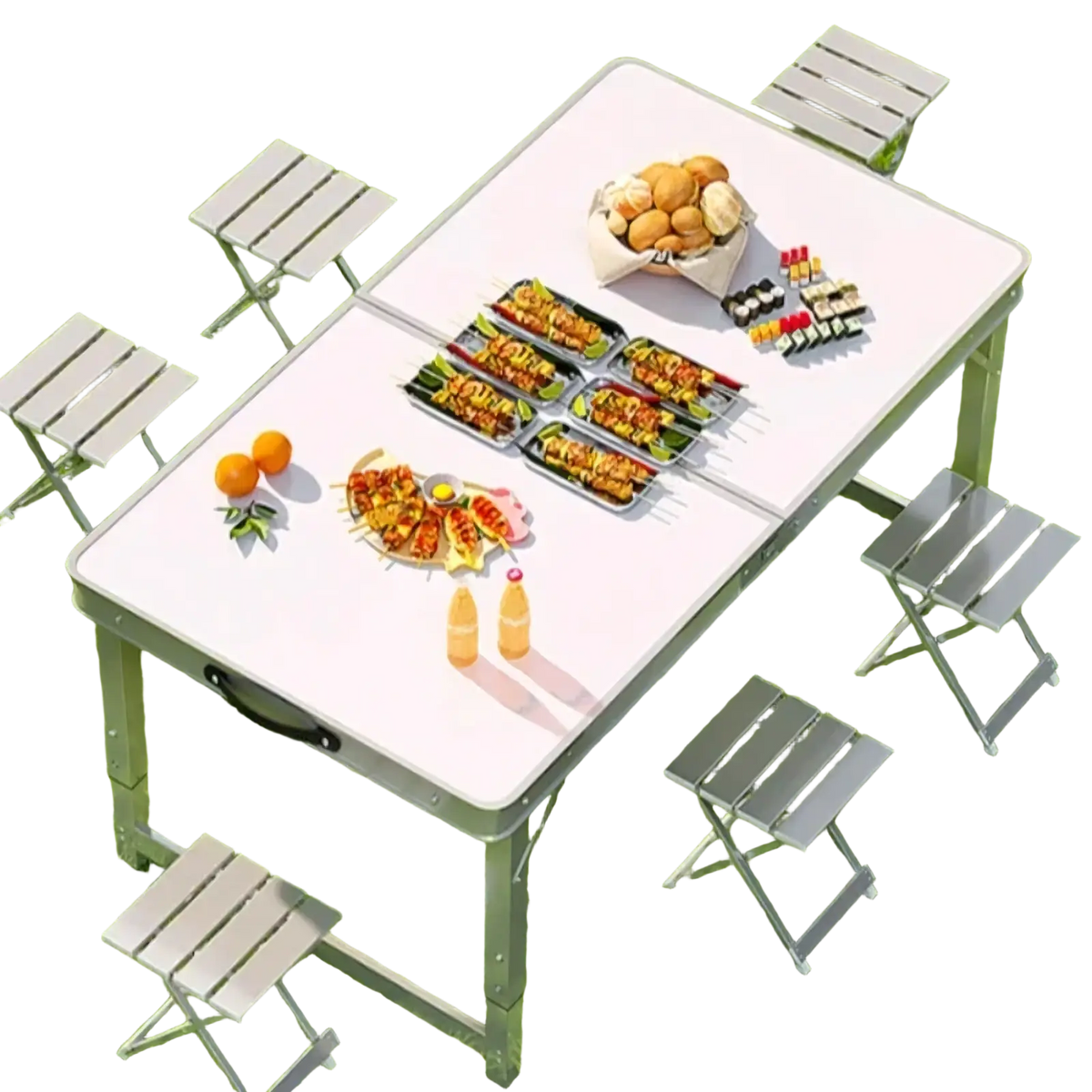 White foldable camping table set with silver metal legs and matching folding stools for outdoor use