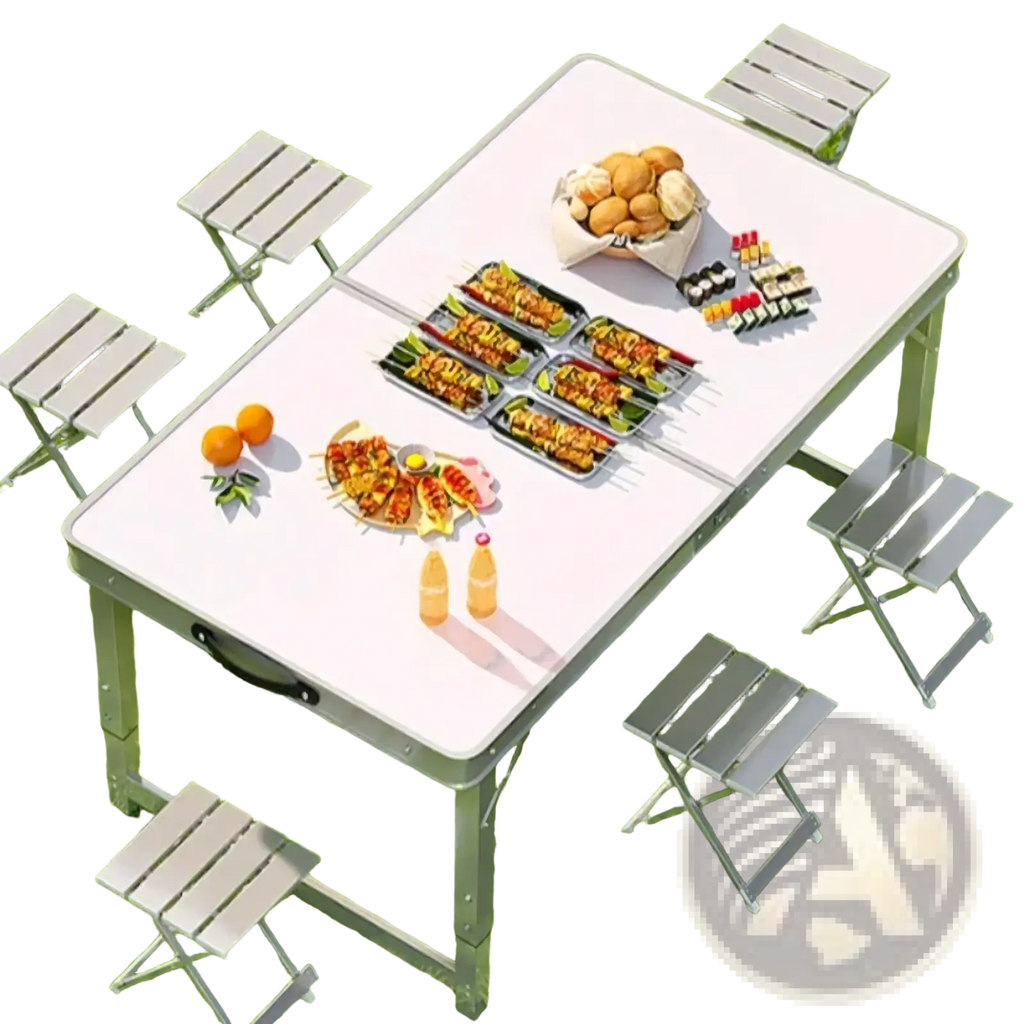 White foldable camping table set with silver metal legs and matching folding stools for outdoor use
