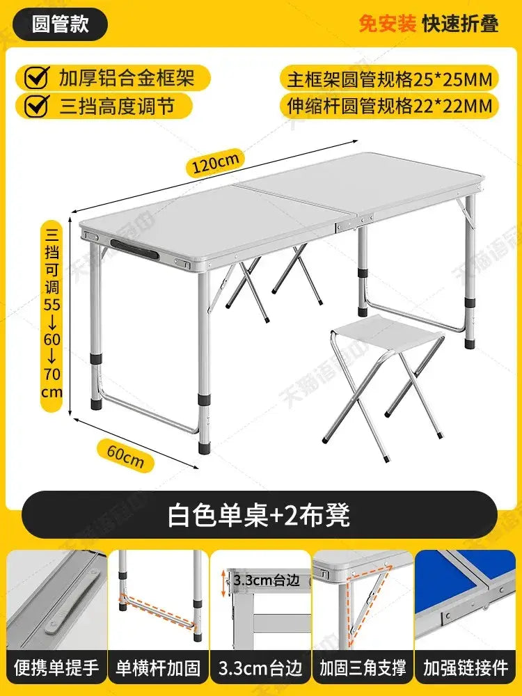 Foldable camping table set with white folding table and sturdy aluminum frame with three height settings and two foldable stools