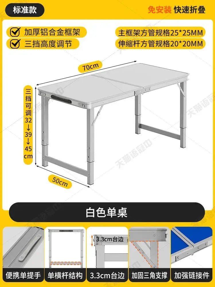 White folding camping table with sturdy aluminum frame and adjustable height settings for outdoor use
