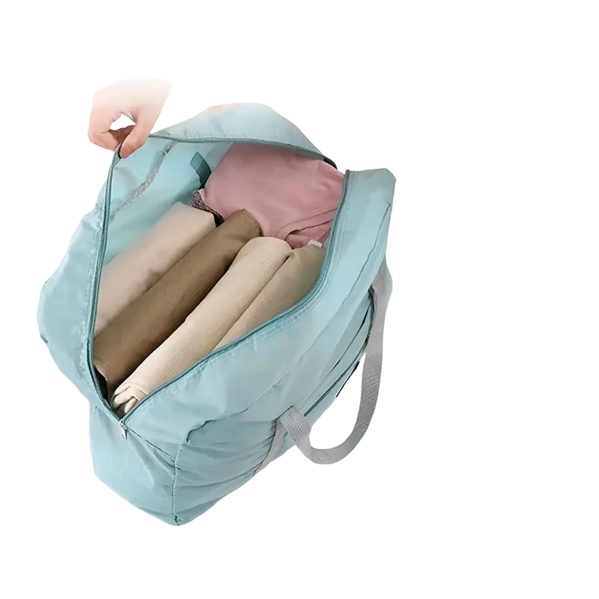 Light blue foldable canvas travel bag set with 16l capacity lightweight design and gray straps for easy carrying