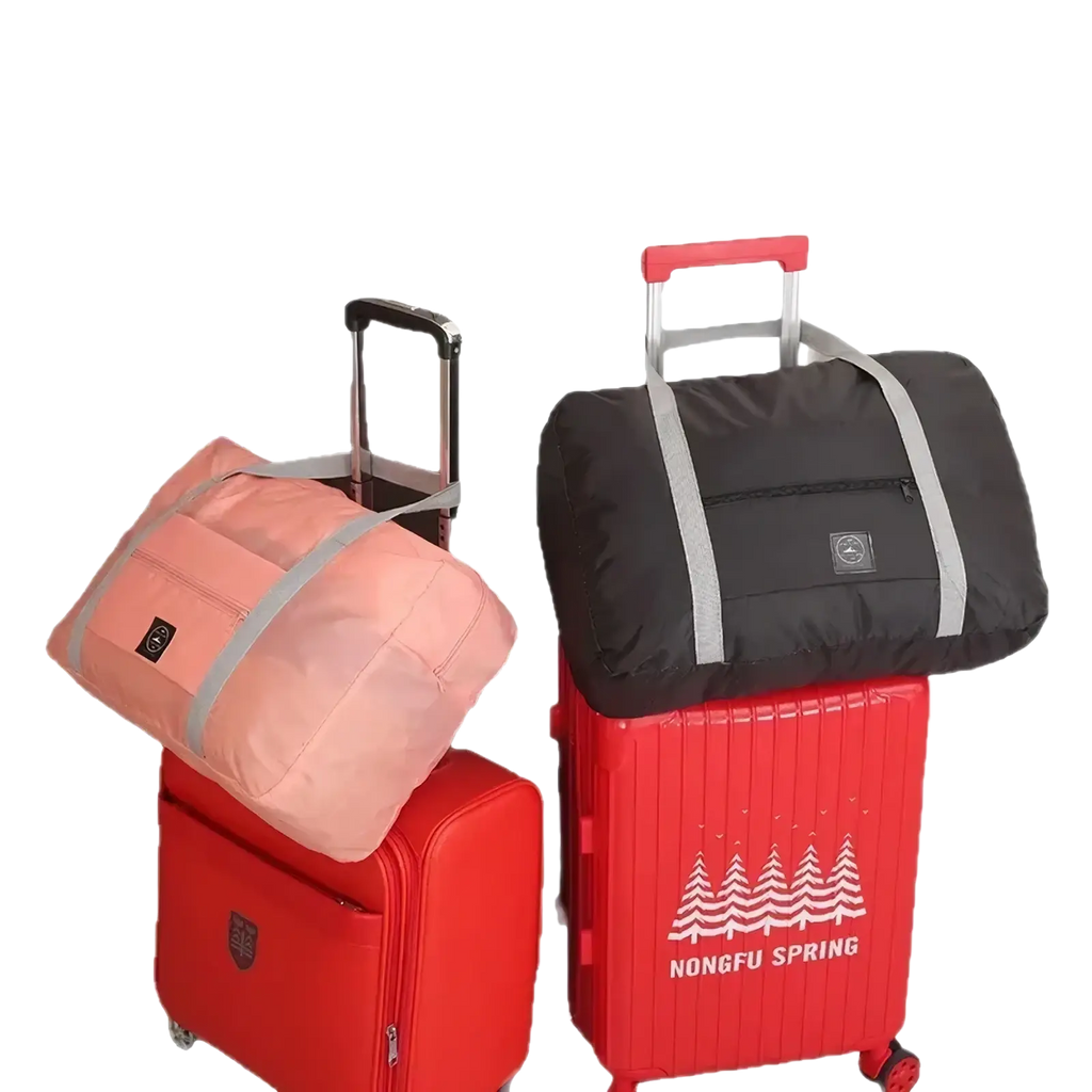 Foldable canvas travel bag set with pink and black carry-on bags featuring gray straps for travel convenience