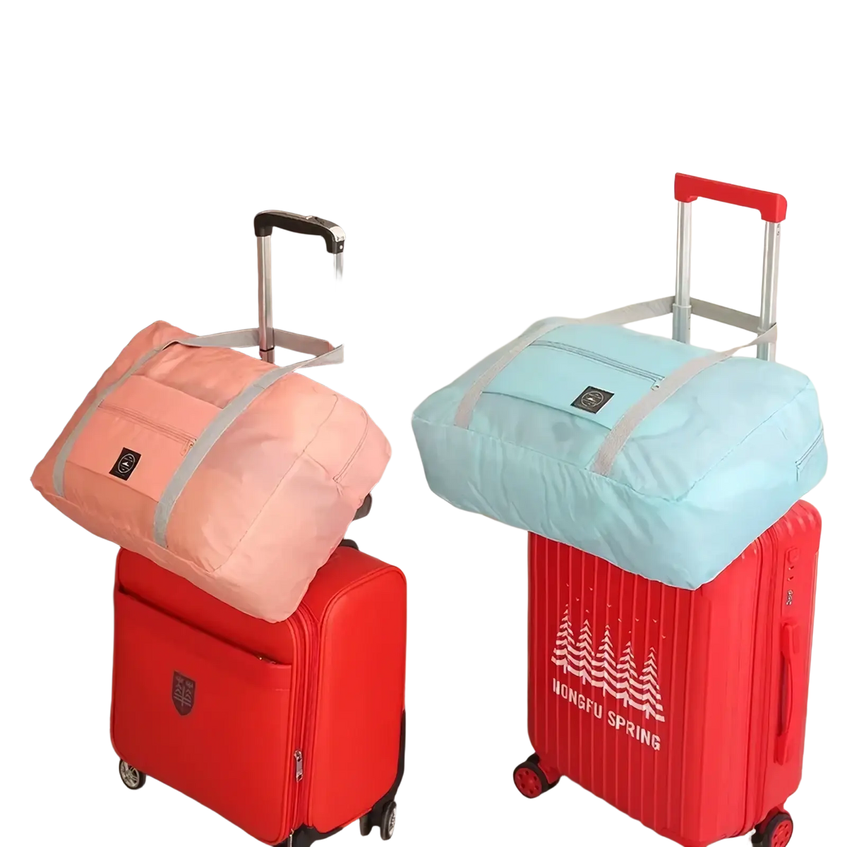 Foldable canvas travel bag set in pink and light blue with gray zippers and black brand patches for versatile packing