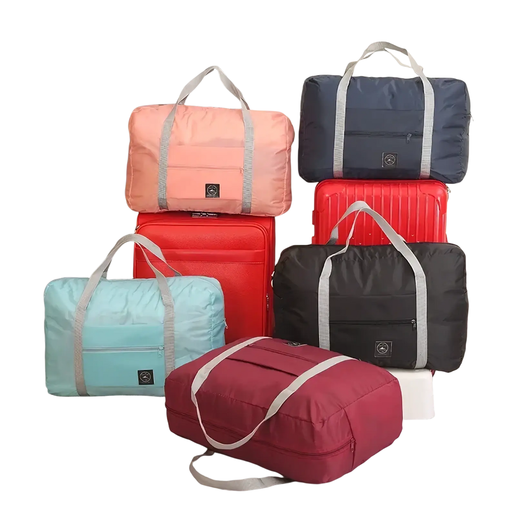 A set of six colorful lightweight foldable canvas travel bags with gray reinforced straps and small brand logos