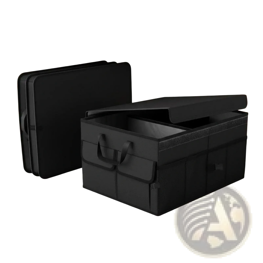 Black fabric foldable car trunk organizer storage box with multiple compartments and 60l capacity